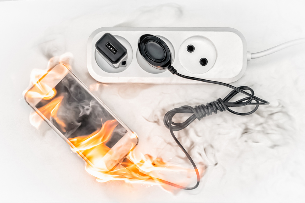 A pluged in Phone being on fire